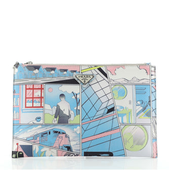 Prada Comic Zip Clutch Printed Leather