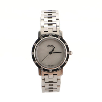 Hermes Clipper Quartz Watch Stainless Steel with Mother of Pearl and Diamond Bezel 23