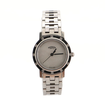 Hermes Clipper Quartz Watch Stainless Steel with Mother of Pearl and Diamond Bezel 23