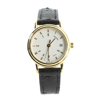 Roman Numeral Round Quartz Watch Plated Stainless Steel and Leather 26