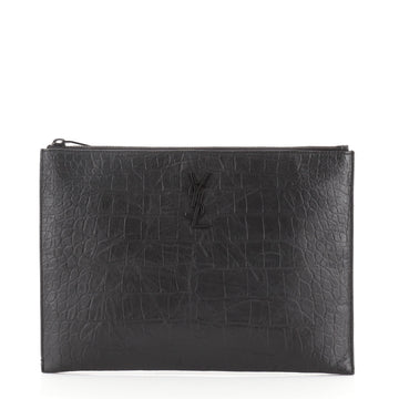 Saint Laurent Classic Monogram Zip Pouch Crocodile Embossed Leather Medium