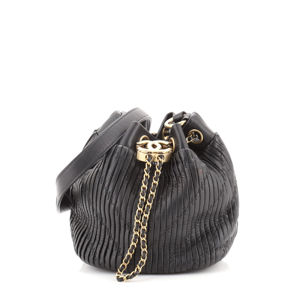 Chanel Coco Pleats Drawstring Bag Pleated Crumpled Calfskin Small Black  64445422