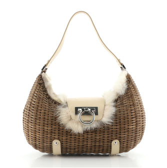 Salvatore Ferragamo Gancio Falp Hobo Wicker with Fur Medium