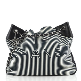 Chanel Logo Tote Striped Canvas Large