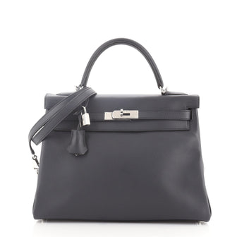 Hermes Kelly Handbag Blue Swift with Palladium Hardware 32