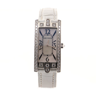 Harry Winston Avenue C Quartz Watch White Gold and Alligator with Diamond Bezel and Mother of Pearl 19