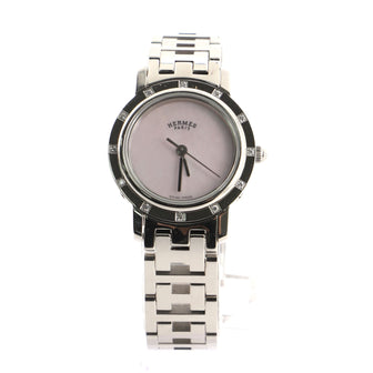 Hermes Clipper Nacre Quartz Watch Stainless Steel with Diamond Bezel and Mother-of-Pearl 24