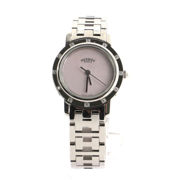 Hermes Clipper Nacre Quartz Watch Stainless Steel with Diamond Bezel and Mother-of-Pearl 24