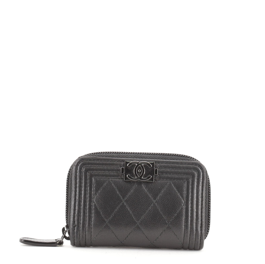 Classic zipped coin purse - Grained calfskin & silver metal, black —  Fashion