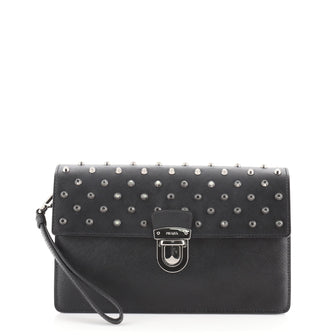 Prada Pushlock Wristlet Clutch Studded Saffiano Leather Medium
