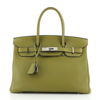 Hermes Birkin Handbag Green Clemence with Palladium Hardware 30