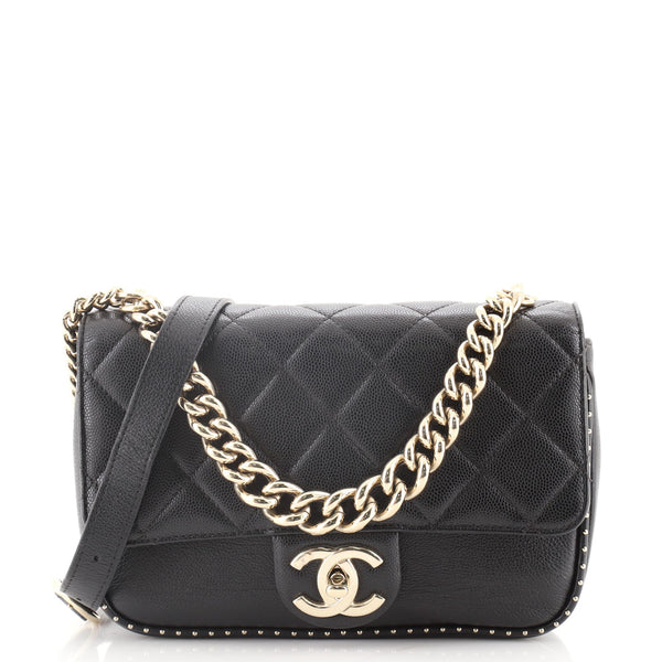 Chain Handle CC Flap Bag Quilted Caviar with Studded Detail Small