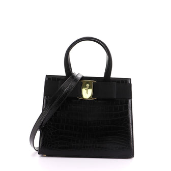 Salvatore Ferragamo Convertible Vara Bow Tote Crocodile Embossed Leather Small