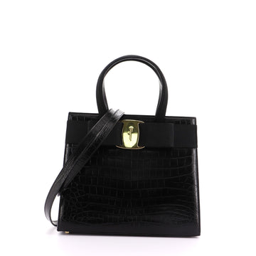 Salvatore Ferragamo Convertible Vara Bow Tote Crocodile Embossed Leather Small