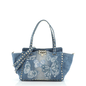 Valentino Rockstud Tote Denim with Butterfly Applique Small