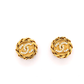 Chanel Vintage CC Round Clip-On Crystal Embellished Metal Earrings