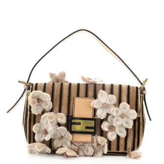 Fendi Baguette Shoulder Bag Striped Velvet with Leather and Fur Flower Embellishements Medium