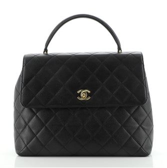 Chanel Vintage Classic Top Handle Flap Bag Quilted Caviar Jumbo