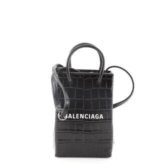 Balenciaga Shopping Phone Holder Crossbody Crocodile Embossed Leather