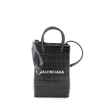 Balenciaga Shopping Phone Holder Crossbody Crocodile Embossed Leather