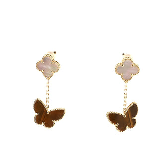 Van Cleef & Arpels Lucky Alhambra Earrings 18K Yellow Gold with Mother of Pearl and Tiger Eye