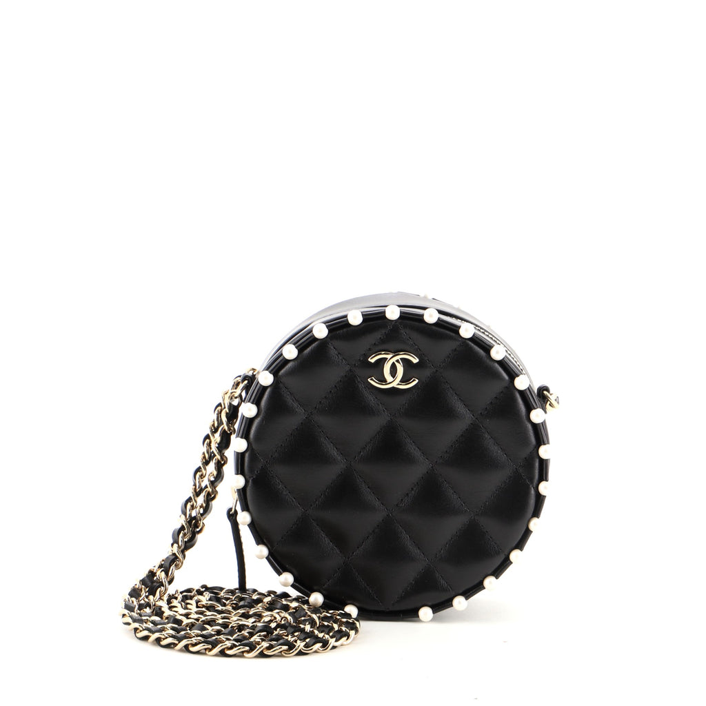 Chanel Round Clutch with Chain Quilted Calfskin with Pearl Detail Black  662441