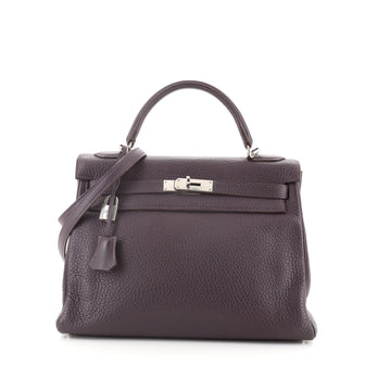 Hermes Kelly Handbag Purple Clemence with Palladium Hardware 32