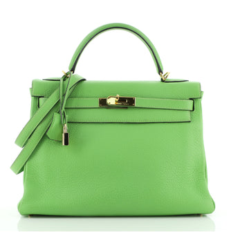 Hermes Kelly Handbag Green Clemence with Gold Hardware 32