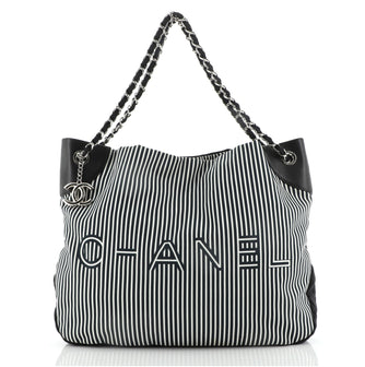 Chanel Logo Tote Striped Canvas Large