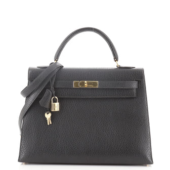 Hermes Kelly Handbag Black Fjord with Gold Hardware 32