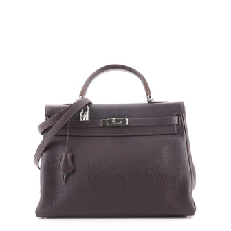 Hermes Kelly Handbag Purple Clemence with Palladium Hardware 35