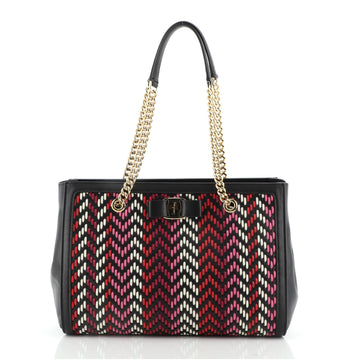 Salvatore Ferragamo Vara Bow Double Chain Tote Multicolor Woven Leather Small