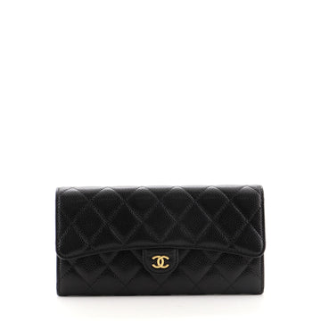Chanel CC Gusset Classic Flap Wallet Quilted Caviar Long