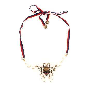 Gucci Sylvie Web Bee Necklace Faux Pearls and Metal with Grosgrain