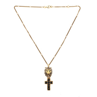 Gucci Lion Cross Pendant Necklace Metal with Enamel and Faux Pearl