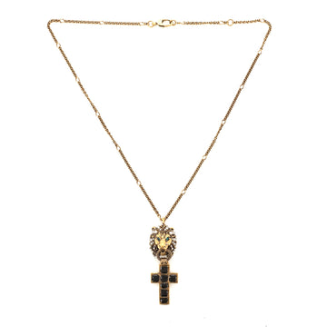 Gucci Lion Cross Pendant Necklace Metal with Enamel and Faux Pearl