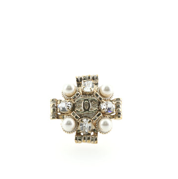 Chanel Cross Ring Metal with Faux Pearls and Crystals