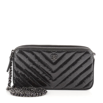 Chanel So Black Double Zip Clutch with Chain Chevron Crumpled Metallic Calfskin