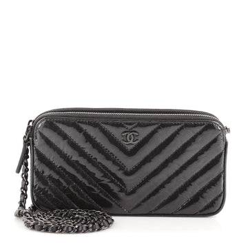Chanel So Black Double Zip Clutch with Chain Chevron Crumpled Metallic Calfskin