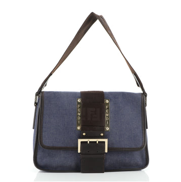 Fendi Zucca Trim Buckle Flap Bag Denim Medium