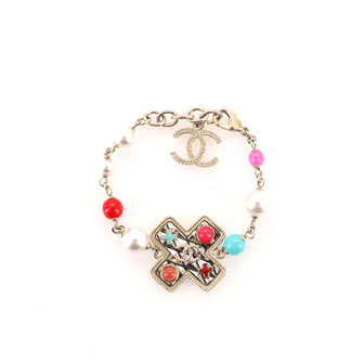 Chanel CC Cross Chain Bracelet Metal with Faux Pearls and Beads