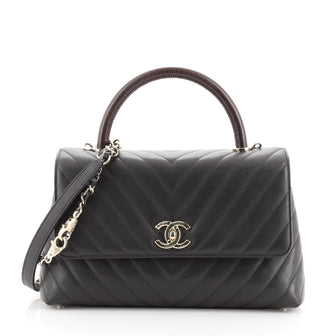 Chanel Coco Top Handle Bag Chevron Caviar with Lizard Embossed Handle Small