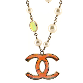 Chanel CC Pendant Necklace Metal with Printed Resin, Faux Pearls and Glass