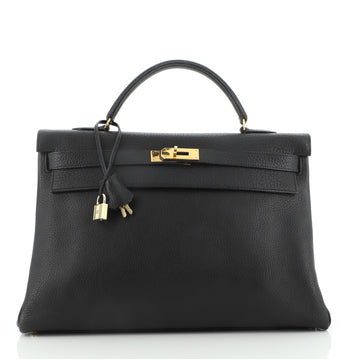 Hermes Kelly Handbag Black Fjord with Gold Hardware 40