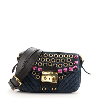 Miu Miu Biker Shoulder Bag Grommet and Crystal Embellished Matelasse Denim Medium