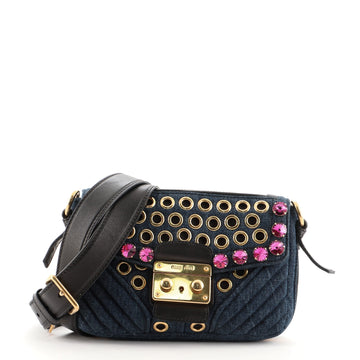 Miu Miu Biker Shoulder Bag Grommet and Crystal Embellished Matelasse Denim Medium