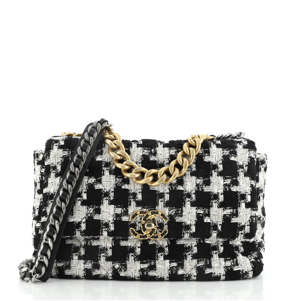Chanel 19 Flap Bag Quilted Houndstooth Tweed and Ribbon Large Black 678551