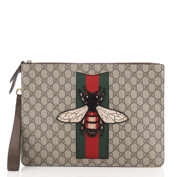 Gucci Bee Web Zipped Pouch GG Coated Canvas Medium