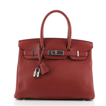 Hermes Birkin Handbag Red Clemence with Palladium Hardware 30