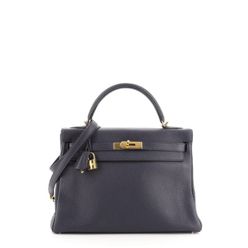 Hermes Kelly Handbag Blue Clemence with Gold Hardware 32